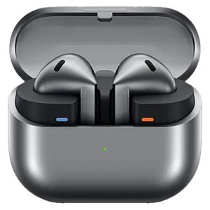هدفون بلوتوثی سامسونگ مدل Galaxy Buds3 با نویز کنسلینگ فعال (ANC)، نویز کنسلینگ میکروفون (ENC)، درگاه شارژ USB Type-C، با قابلیت اتصال به چند دستگاه، دارای قابلیت صدای 360 درجه، Galaxy AI، میکروفون سه گانه، پشتیبانی از فرمان لمسی، ضد آب و گرد و غبار