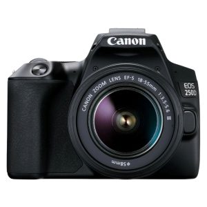 دوربین DSLR کانن مدل EOS 250D، حسگر APS-C با دقت موثر 24 مگاپیکسل، عکاسی پیاپی 5 فریم‌بر‌ثانیه، فیلم‌برداری با رزولوشن HD و Full HD و 4K UHD، نمایشگر لمسی و متحرک، همراه با لنز 18-55 میلی‌متری با بیشترین گشودگی دیافراگم f/3.5 - f/5.6