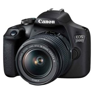 دوربین DSLR کانن مدل EOS 2000D با دقت موثر 24.1 مگاپیکسل، عکاسی پیاپی 3 فریم‌بر‌ثانیه، فیلم‌برداری با رزولوشن HD و Full HD، نمایشگر ثابت، همراه با لنز 18 - 55 میلی‌متری با بیشترین گشودگی دیافراگم f/3.5 تا f/5.6